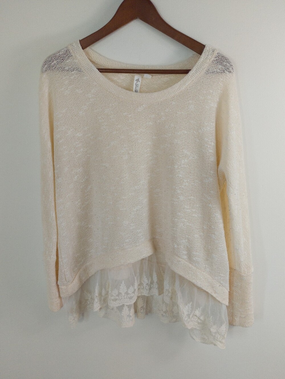 Others Follow Cream Layered Knit Lace Hem Sweater Top Medium Boho